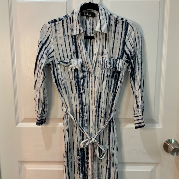 Lulus Chic Tie Dye Belted Blue White Boho Midi Dress Size Small - Picture 2 of 9